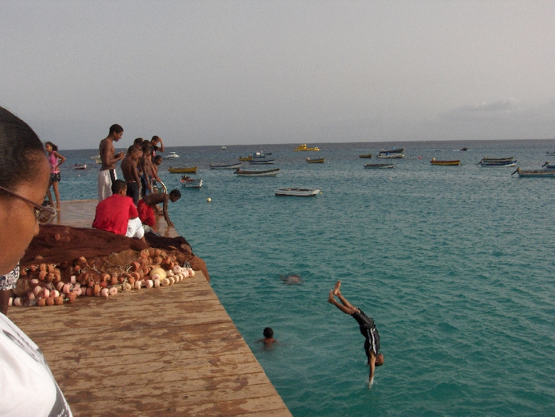 Kids jumping from the pier, Cape Verde