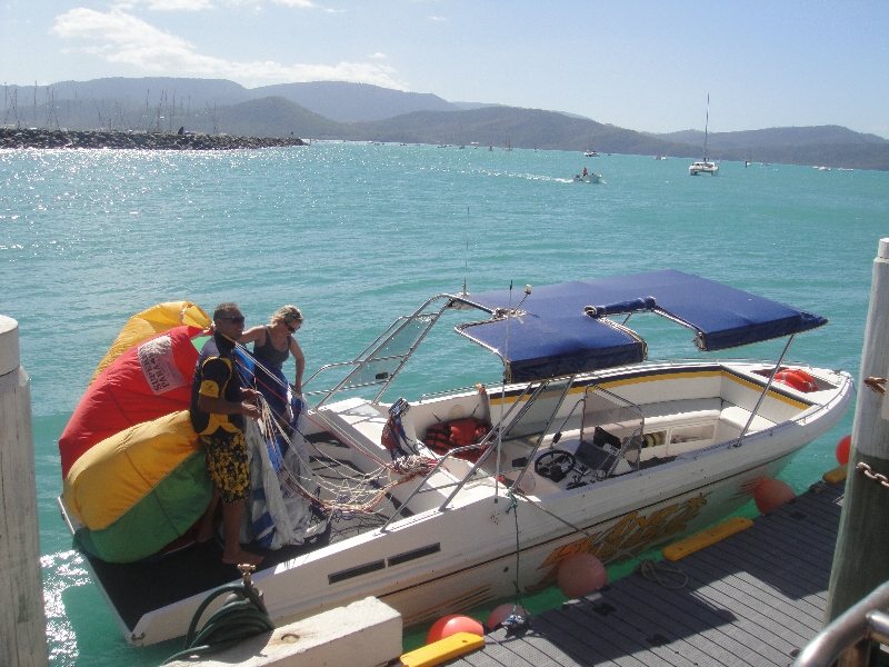 Speedboat for the parasailing trip., Australia