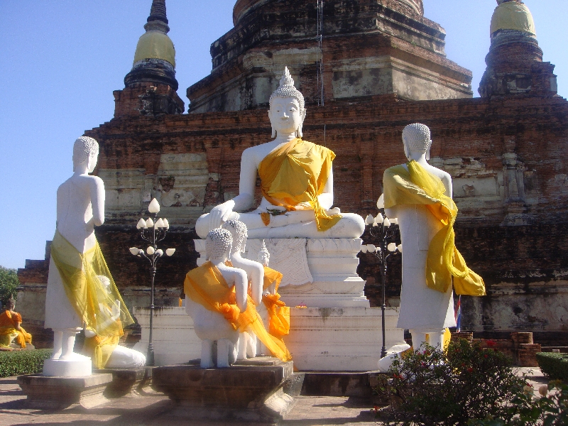 White Buddhist statues covered in silk, Ayutthaya Thailand