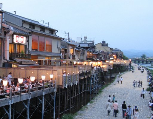 Restaurants in Kyoto on the Kamo River, Japan