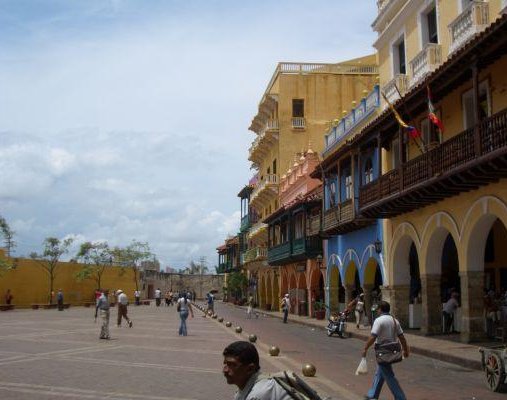 Colourful houses of Cartagena, Plaza de los Coches., Colombia