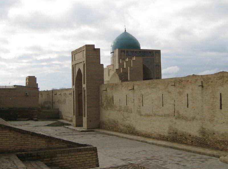 The Blue Domes and gate of the Mir-i Arab madrasah Mosque in Bukhara, Uzbekistan, Bukhara Province Uzbekistan