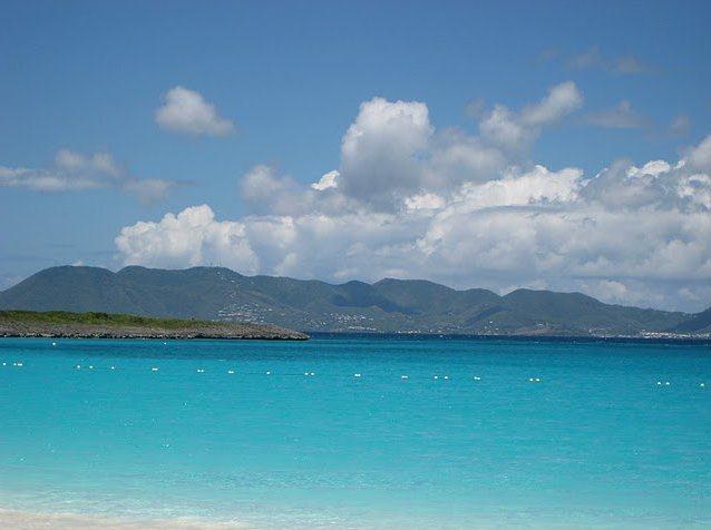 The mountains of St Martin from the beach in Anguilla, Anguilla