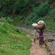 Mother and son carrying food along the railway in India., Kochi India