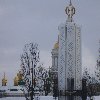 Great Famine Monument and the Lavra in Kiev, Ukraine